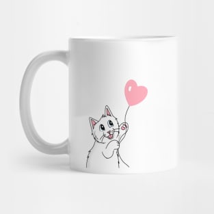 Sweet white cat with heart balloon Mug